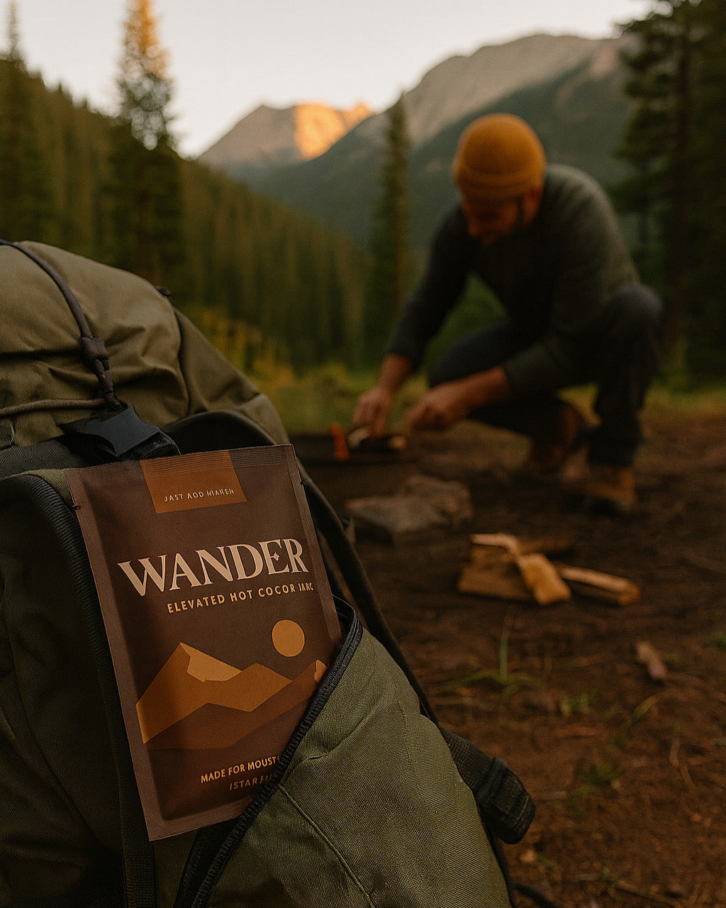 Person camping in the mountains with a 'Wander' product on a backpack