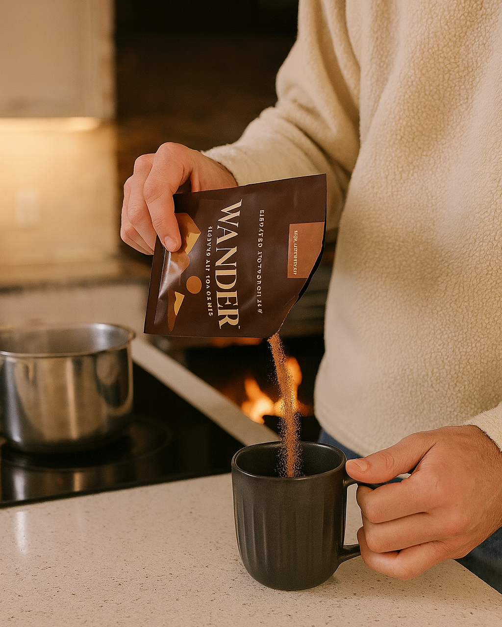 Person pouring coffee from a 'Wander' coffee package into a black mug on a kitchen counter.