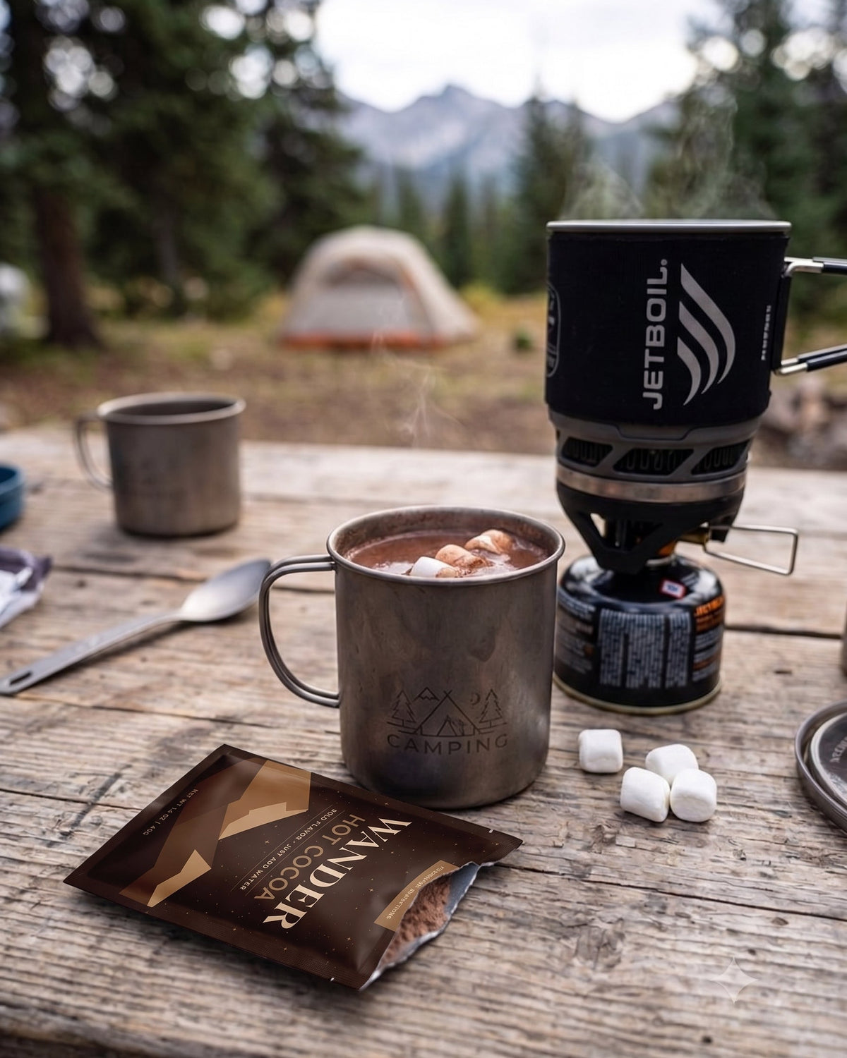 Outdoor camping scene on a wooden table with a Jetboil stove and mug, a metal mug with hot cocoa and marshmallows, a packet of Handtaro chocolate, and marshmallows, with a blurred tent and mountains in the background.