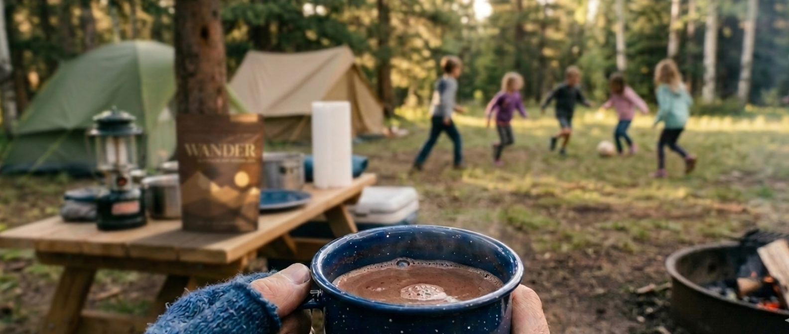 A person holds a dark blue mug filled with a Wander Hot Cocoa in the foreground, with a blurred campsite scene behind it including tents, a picnic table, and children playing near a campfire.