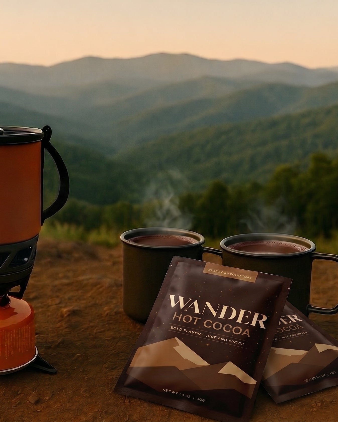 An orange camping stove with a handled mug sits on a dirt path outdoors, with two steaming mugs and two packets of Wander Hot Cocoa in front, set against a blurred mountain landscape at sunset.