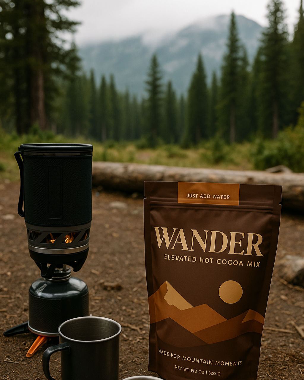 Wander hot cocoa mix package with camping stove and mugs in a forest setting